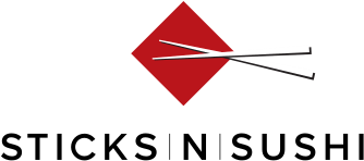 Sticks N Sushi logo with a red rhombus and two chopsticks belonging to a popular sushi bar in central London.